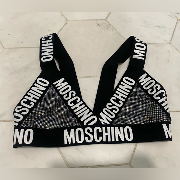 Moschino Tops - Moschino Black Logo Elastic Triangle Bralette with Iridescent Rhinestones